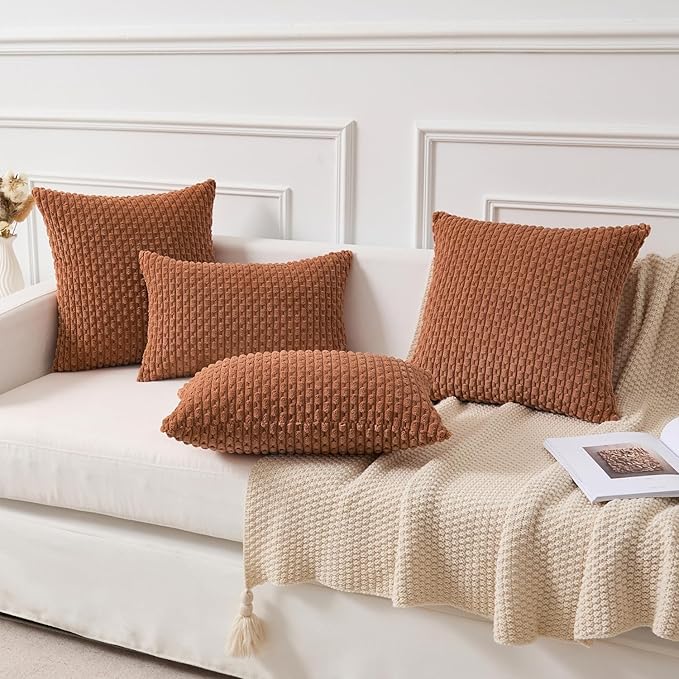Kevin Textile Decorative Pillow Covers Set of 2 Striped Plush Corduroy Pillows Pillowcases Boho Home Decor Cushion Covers for Couch Sofa Bed Living Room 22x22 Inch, Burnt Orange