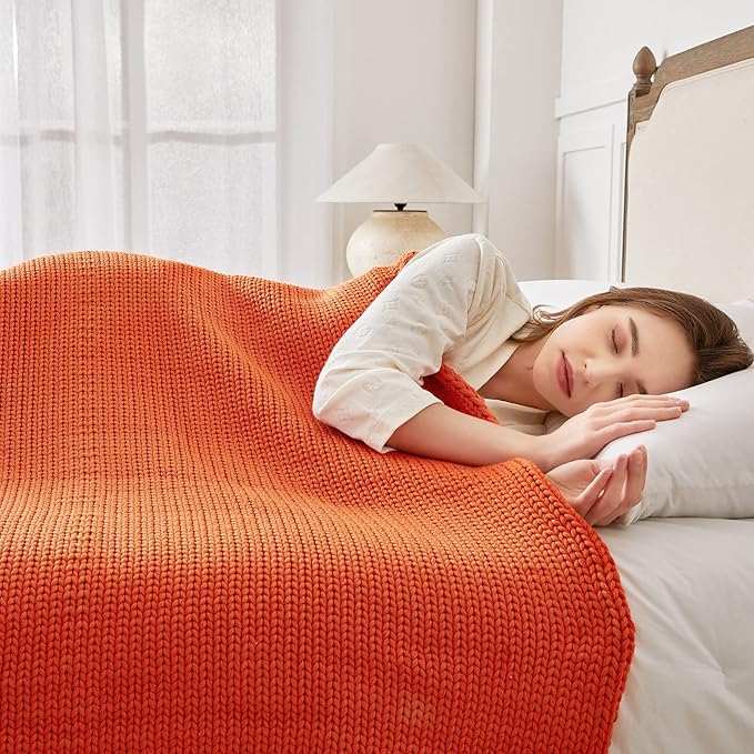 Guohaoi Knitted Weighted Blanket for Adults (Orange 48"x72" 20lbs) No Beads Cooling Throw Blanket for Hot Sleepers, Home Decor Breathable Chunky Knit Heavy Blanket Use on Full Size Bed