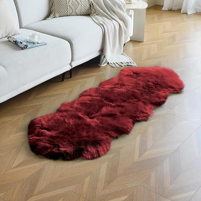 duduta Burgundy Faux Sheepskin Runner Rug 2x6 ft, Fluffy Shag Bedroom Dorm Rug Decor Fur Seat Couch Covers Washable