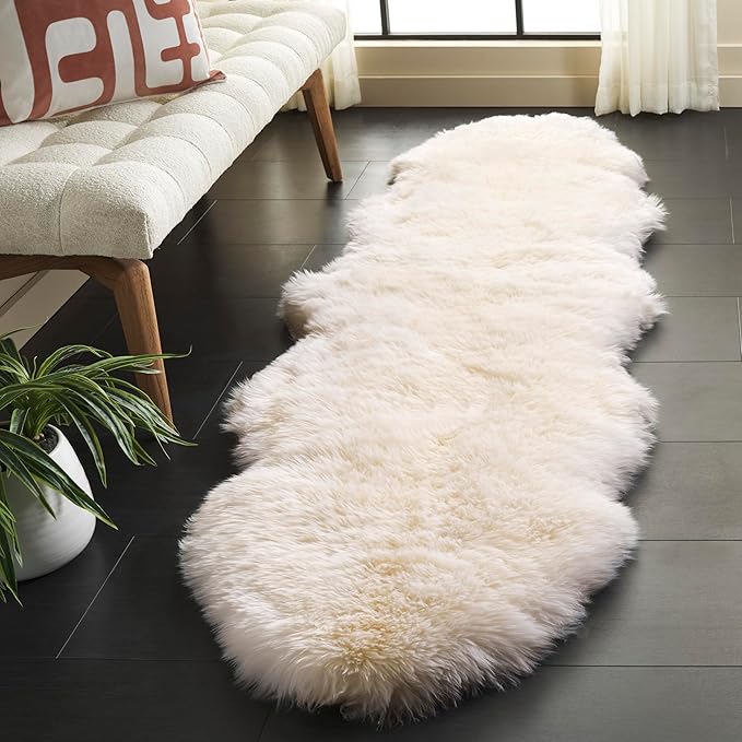 SAFAVIEH Sheep Skin Collection Runner Rug - 2' x 8', Natural & White, Handmade Rustic Glam Genuine Pelt, 3.4-inch Thick Ideal for High Traffic Areas in Living Room, Bedroom (SHS211A)