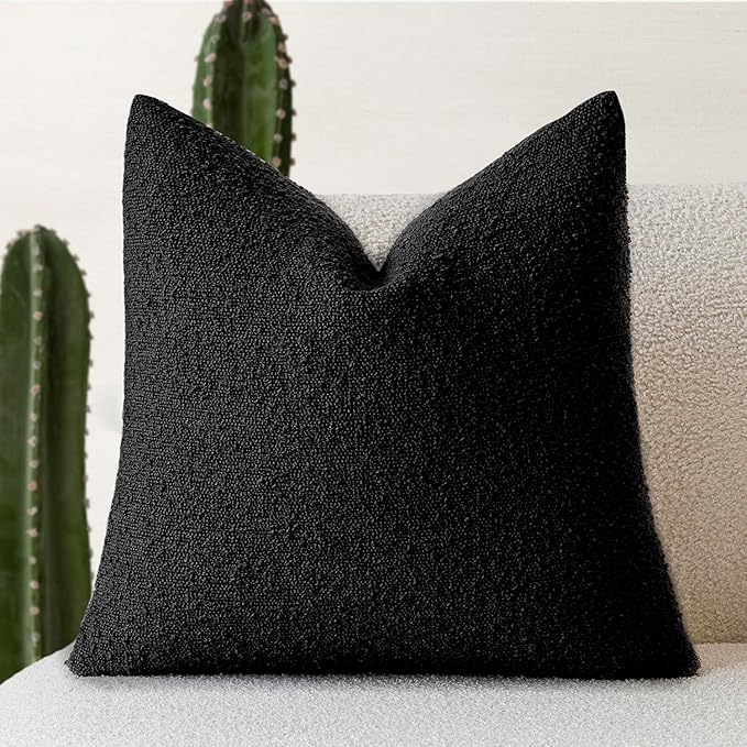 Foindtower Decorative Textured Boucle Throw Pillow Covers Accent Solid Pillow Cases Neutral Soft Cozy Couch Cushion Case for Chair Sofa Bedroom Living Room Home Decor 20 x 20 Inch,Black