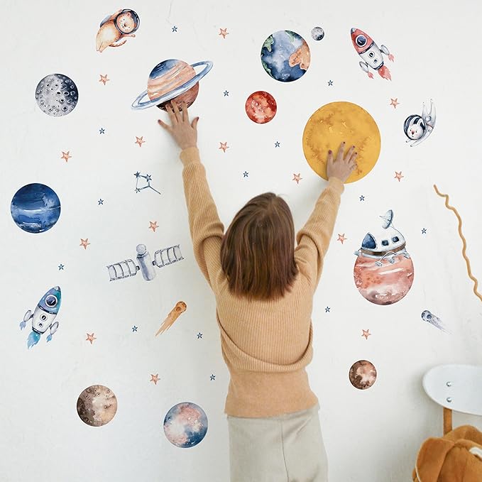Solar System Wall Decals for Kids - Planets and Space Themed Wall Stickers by Lipastick - Peel and Stick Vinyl Decals for Boys and Girls Bedroom, Nursery, Playroom, Daycare - M Size