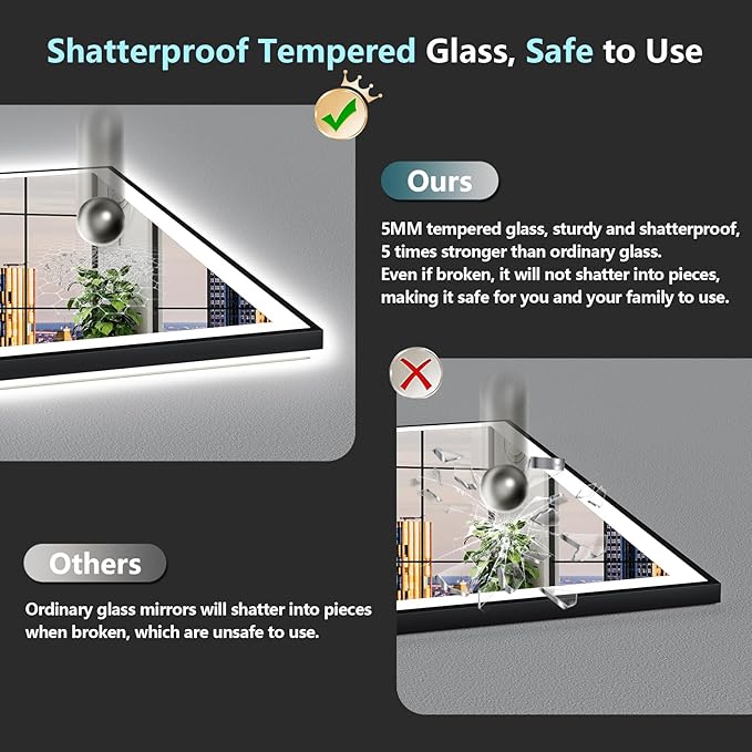 88x38 Inch Black Framed LED Bathroom Mirror with Lights, Backlit & Front Lit, Anti-Fog Lighted Vanity Mirrors for Bathroom Wall, Dimmable, 3-Color Light, Memory, Shatter-Proof, Tempered Glass