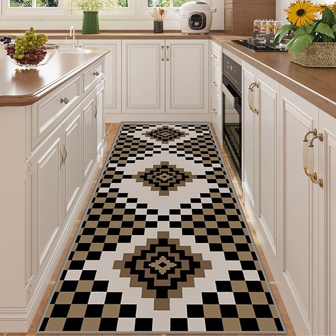 Retro Moroccan Farmhouse Decor Rug Runners for Hallways, 2x10ft, Black Linen Checkered Entryway Carpet, Rubber Backed Low Pile Easy Clean Carpets, Durable Reduce Noise Rugs for Floor