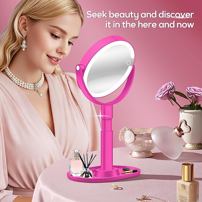 B Beauty Planet Makeup Mirror with Lights, Lighted Magnifying Mirror 30X with 3 Lighting and Adjustable Brightness, 2-Sided Height Adjustable Vanity Mirror for Bathroom, Gifts for Women Hot Pink