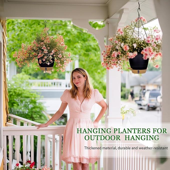 Hanging Planter Self Watering 8 Inch, 2 Pack Hanging Baskets for Plants, Hanging Flower Pots with Drainage Hole & 2 Kinds of Plant Hangers for Garden Home Decor (Black, 8 inch)