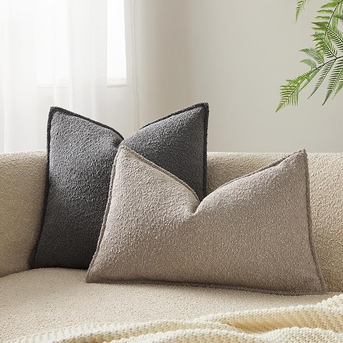 JUSPURBET 12x20 Throw Pillow Covers Set of 2 Decorative Pillow Covers for Couch Sofa Bed Cozy Boucle Textured Lumbar Cushion Covers Cases with Invisible Zipper for Living Room Home Decor,Gray