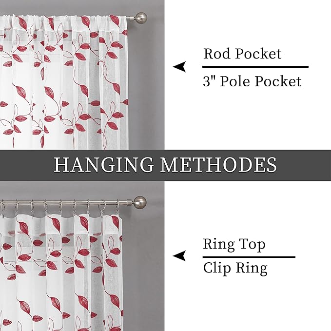 Tollpiz Burgundy Red Leaf Sheer Curtains Leaves Embroidered Living Room Curtain Rod Pocket Voile Window Treatments for Bedroom, 54 x 63 inches Long, Set of 2 Panels