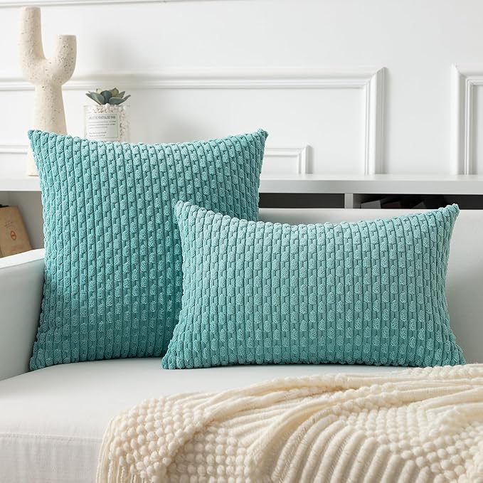 Kevin Textile Throw Pillow Covers Soft Corduroy Decorative Set of 2 Boho Striped Pillow Covers Pillowcases Farmhouse Home Decor for Couch Bed Sofa Living Room 16x16 Inch Aqua Green