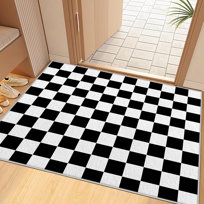 Black and White Checkered Rug for Living Room, 7x10 Area Rugs, Checkered Area Rug, Geometric Plaid Large Rugs, Washable Non Slip Retro Carpet Home Floor Decor