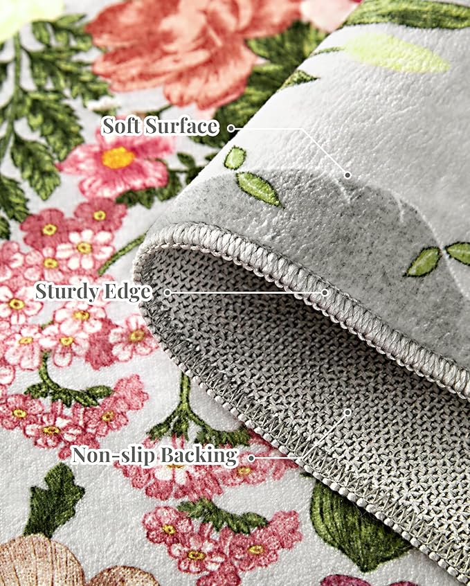 Door Mat Indoor Entrance 2x3 - Floral Rug Washable Small Area Rug Non-Slip Low Pile Rugs for Entryway, Kitchen, Bedroom, Entry - Grey