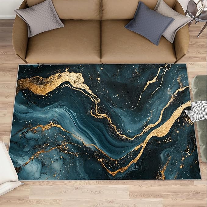 Marble Washable Area Rugs 5x7 Non-Slip Fluid Art Living Room Rug Gold Lines Soft for Carpet Low Pile Indoor Door Mat & Room Decor