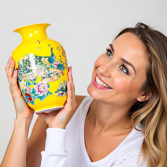 MTME Porcelain Figurines, Jingdezhen Peacock Decorative Flower vase, Home Decor, Wedding Gifts, Aesthetic Sculpture Home décor (Yellow)