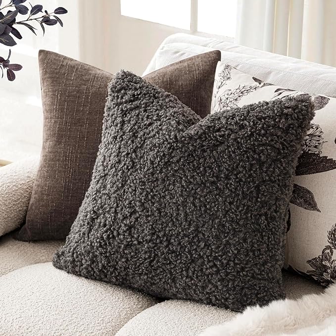 Foindtower 2 Pieces 26x26 Inch Dark Gray, Faux Fur Throw Pillow Cover Accent Sherpa Furry Pillow Covers Fuzzy Soft Pillowcases Cozy Sheepskin Decorative Fleece Cushion Case for Bed Couch Living Room