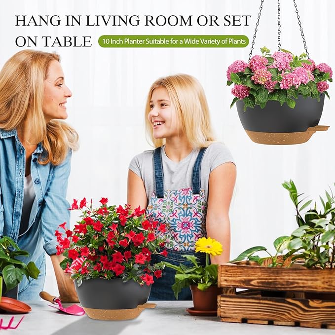 10 Inch Hanging Baskets 2 PC with Chains, Self-Watering Hanging Planters for Indoor Outdoor Plants, Plastic Hanging Flower Pots,Black Brown