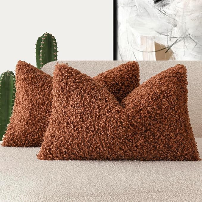 Foindtower Set of 2 Curly Teddy Wool Pillow Covers Decorative Boucle Textured Lumbar Throw Pillow Faux Fur Sherpa Pillowcases Sheepskin Fuzzy Cushion Case for Sofa Bedroom Car 12"x20" Hazel Brown