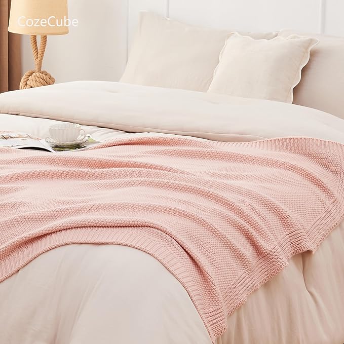 CozeCube Pink Throw Blanket for Couch, Soft Cozy Cable Knit Throw for Bed Sofa Living Room, Lightweight Warm Decorative Farmhouse Christmas Blanket, 50"x60", Pink