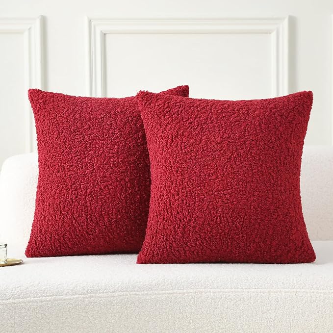 FUTEI Christmas Maroon Red Throw Pillow Covers 16x16 Inch Set of 2,Furry Faux Fur Teddy Boucle Textured Cushion Covers,Soft Fluffy Decorative Pillow Case,Home Decor for Couch Bed Living Room Car