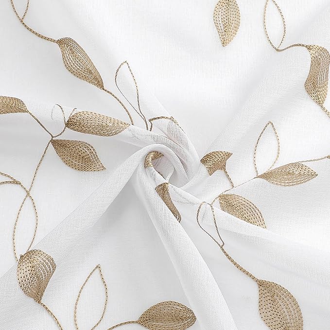 Tollpiz Taupe Leaf Sheer Curtain Leaves Embroidered Bedroom Short Curtains Rod Pocket Voile Window Treatments for Living Room, 38 x 45 inches Long, Set of 2 Panels
