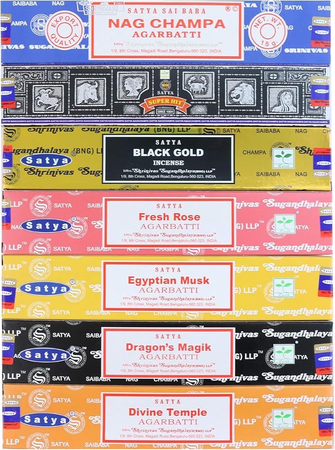 Satya Incense Sticks Gift Set, 7 Scents, Nag Champa, Super Hit, Dragon's Blood, Sandalwood, Patchouli, Lavender, Positive Vibes, 15g Each (Healing Mix)