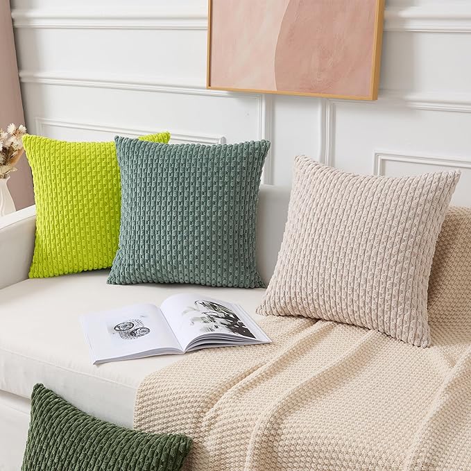 Kevin Textile Decorative Pillow Covers Set of 2 Striped Plush Corduroy Pillows Pillowcases Boho Home Decor Cushion Covers for Couch Sofa Bed Living Room 22x22 Inch, Christmas Green