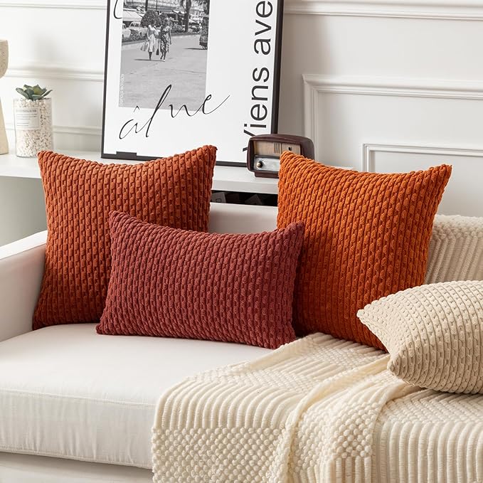 Kevin Textile Fall Throw Pillow Covers Soft Corduroy Decorative Set of 2 Boho Striped Pillow Covers Pillowcases Farmhouse Home Decor for Couch Bed Sofa Living Room 24x24 Inch Rust Brown
