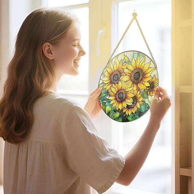Stained Glass Window Hanging, 8 Inch Sunflower Stained Glass Suncatcher, Suncatchers for Windows Hanging, Home Decor for Window, Teacher Gift, Birthday Gift, Sunflower Gifts for Women, Friend