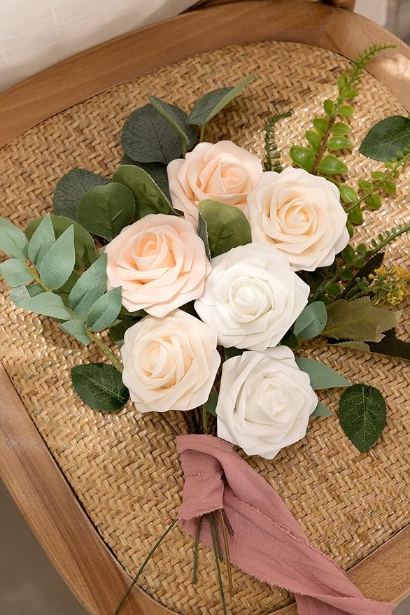 N&T NIETING Artificial Flowers, 25Pcs Fake Rose Flowers Roses for DIY Wedding Bouquets Centerpieces Bridal Shower Party Home Flower Arrangement Decorations, Series Blush Pink