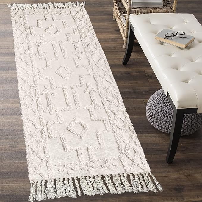 Uphome Boho Hallway Runner Rug 2'x 6', Beige Cotton Washable Kitchen Rug Runners with Tassels, Hand Woven Western Entryway Runner Rugs, Morrocan Accent Throw Carpet for Hallways Bedroom Bathroom