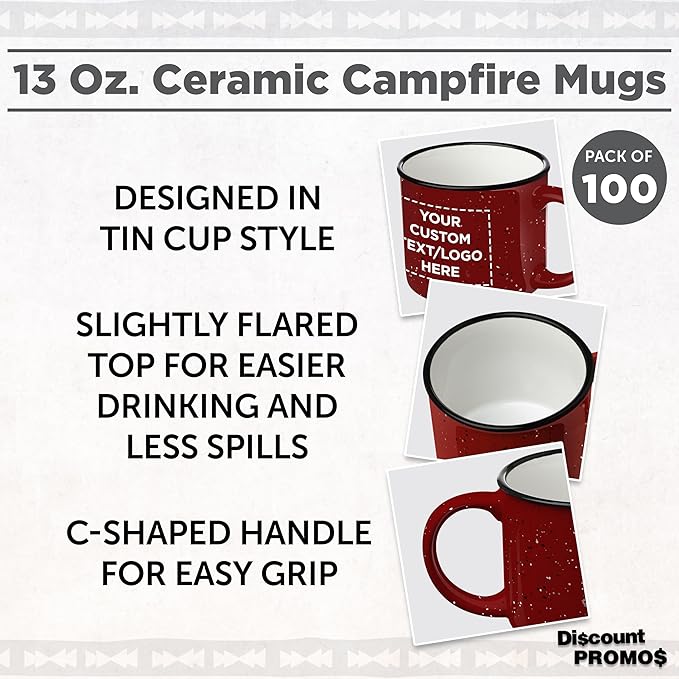 DISCOUNT PROMOS Custom Ceramic Campfire Coffee Mugs 13 oz. Set of 100, Personalized Bulk Pack - Perfect for Tea, Espresso, Cappuccino, Hot Cocoa - Red