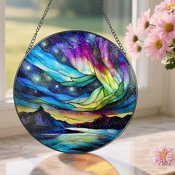 Stained Glass Window Hanging - 8 Inch Aurora Borealis Suncatcher for Window Doors Home Decoration, Valentine's Day Mother's Day Christmas Birthday Gifts for Women, Men, and Mom Grandma