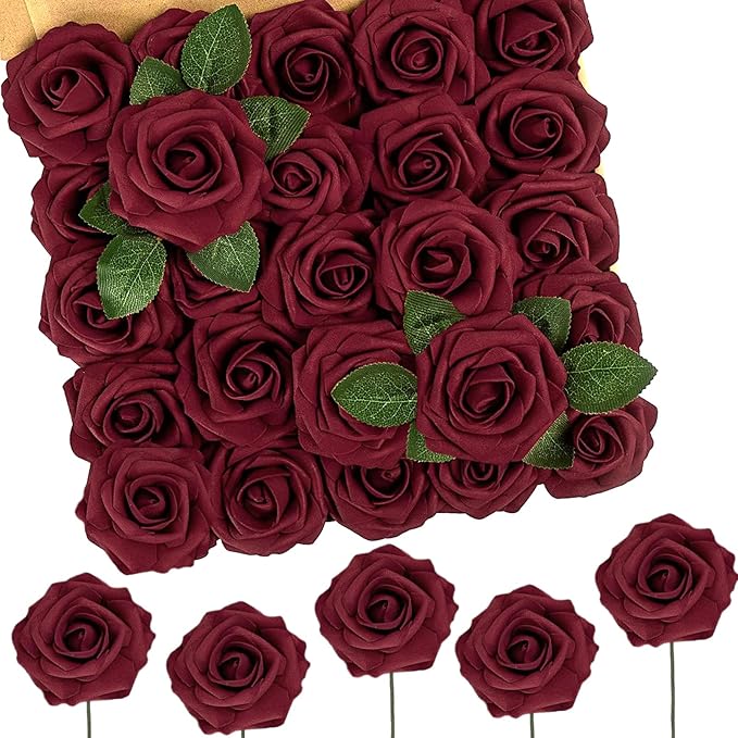 N&T NIETING Artificial Flowers - Fake Flowers Dark Red Roses Perfect DIY Wedding Bouquets Centerpieces Bridal Shower Party Home Flower Arrangement Decorations, 50Pcs