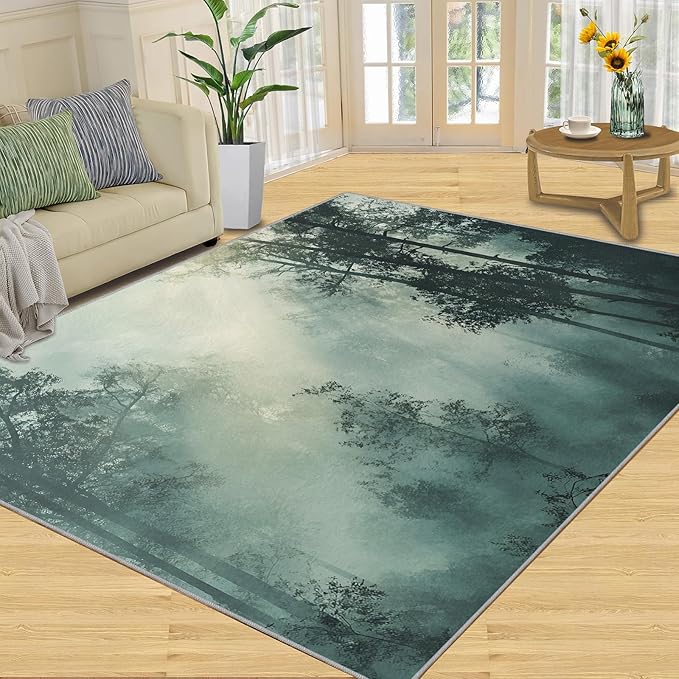 Forest Rug for Living Room, Misty Forest 5x8 Area Rug Natural Landscape Rug for Bedroom Non-Slip Indoor Floor Carpet, Low Pile Resistant Carpet for Dining Room, Office, Home Decor