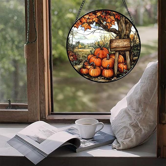DASTOLL Stained Glass Window Hanging Fall Farm Scenery Maple Trees Pumpkin 6.3" - Suncatcher Door Garden Kitchen Sun Catcher Autumn Decor Birthday for Mom Nana Men Woman Friend