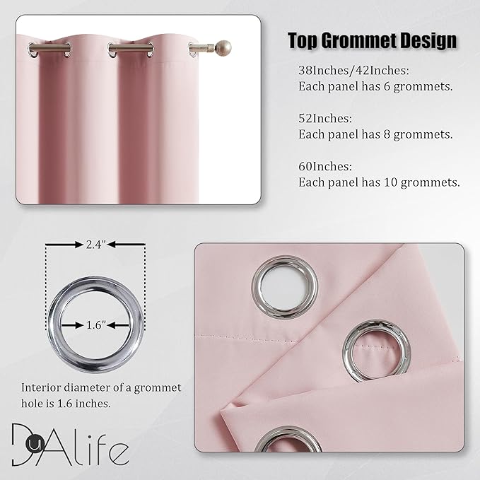 DUALIFE Pink Curtains for Bedroom 72 Inch Length Room Darkening Curtain for Girls Room Decoration Baby Pink Thermal Insulated Blackout Window Drape 52''x72'' Set of 2 Panels Grommet Top