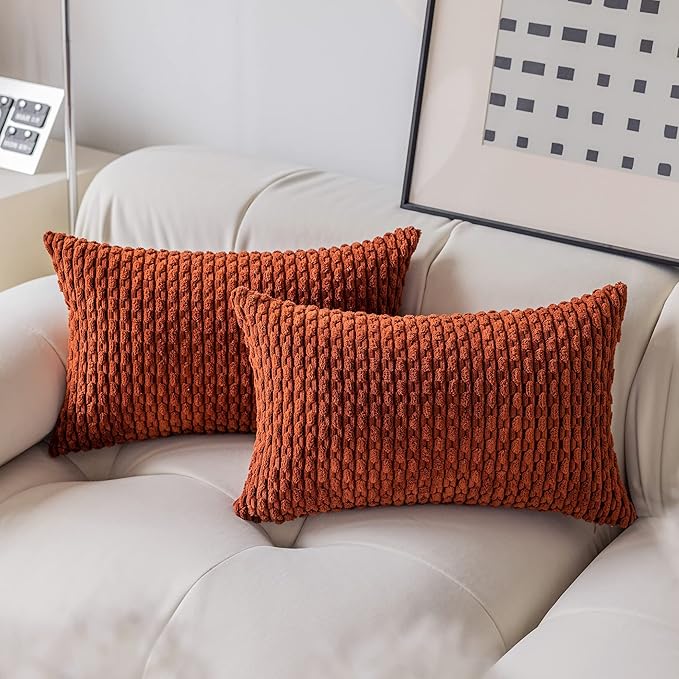 Kevin Textile Fall Lumbar Throw Pillows Cover Autumn Decorative Cushion Covers for Chair/Sofa/Bed/Car Comfortable Corduroy Striped 12 x 20 Inches Burnt Brick Double Pieces