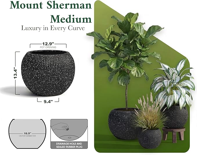 DTY Signature Mount Sherman Modern Indoor Outdoor Fiberstone Sphere Planter, Durable Round Garden Pot, Weather Resistant, Drainage Hole & Rubber Plug (Ribbed Black, Medium)