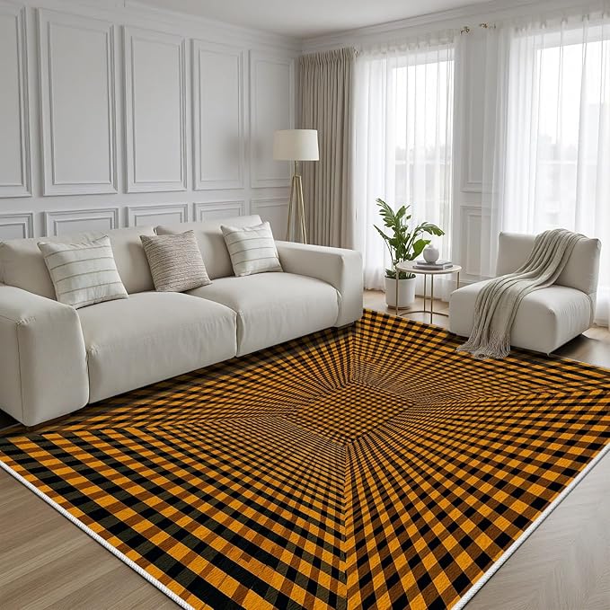 3D Rugs Optical Illusion - Plaid Rug 5x6, Geometric Stripes Soft Neutral Indoor Floor Mats Carpet, Non-Slip Stain Resistant Modern Orange Rug for Bedroom, Living Room Rugs