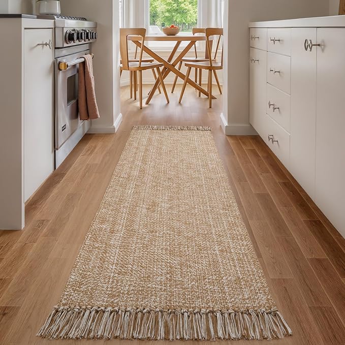 Collive Hallway Runner Rug, 2' x 6' Hand Woven Reversible Washable Entryway Rugs, Tan Cotton Modern Laundry Room Carpet Long Farmhouse Carpets for Bathroom Sink Foyer Bedroom