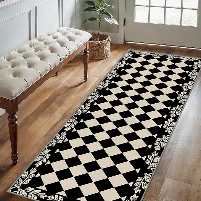 Modern Black White Checkered Pattern Runner Rug, 4x12ft, Abstract Neutral Farmhouse Decor Rugs for Living Room, Non-Shedding Low Pile Soft Foldable Carpet for Family Kitchen