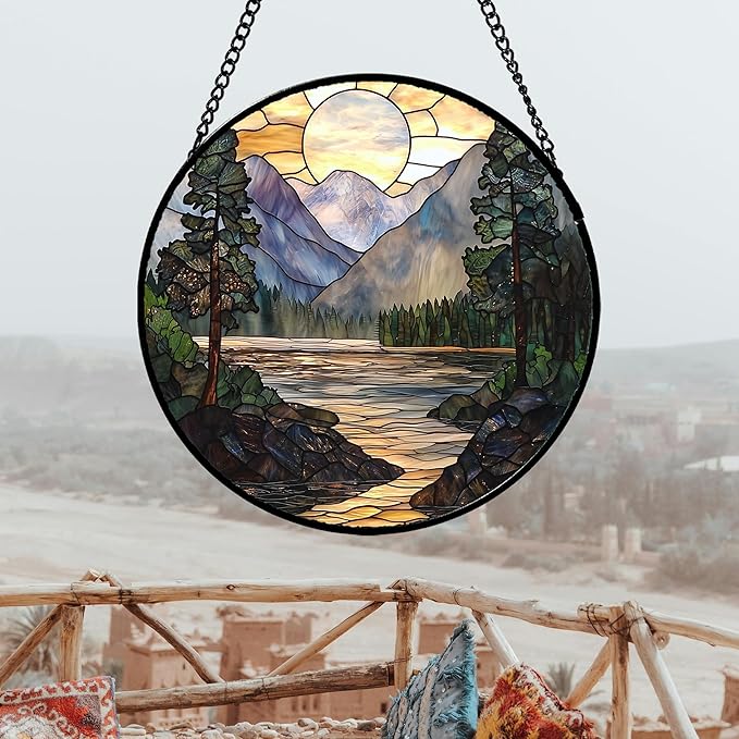 Stained Glass Window Hanging, Sunset Mountains Lake Tree Sun Catcher for Window Home Decor Landscape Suncatcher Mother's Day Birthday Gifts for Women Men Mom and Nana 11.8 in