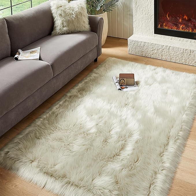 AMTOVO Faux Fur Sheepskin Rug for Living Room, 4 x 6 ft Light Grey Fluffy Area Rug for Bedroom, Playroom, Luxury Room Decor, Rectangle