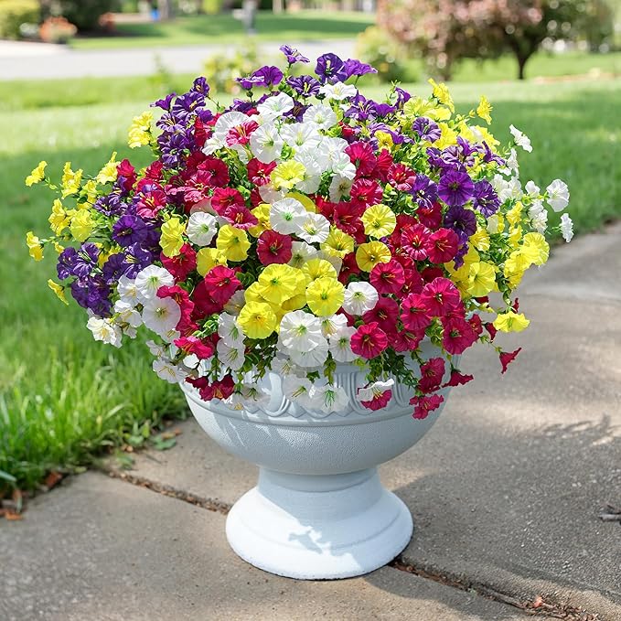 Artificial Flowers Fake Plants for Outdoors Decoration, 12 Bundles Silk Morning Glory with Eucalyptus Realistic UV Resistant Faux Flowers for Outside Planter Porch Yard Patio Garden Home Indoor, Mix