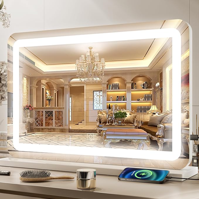 Large Vanity Mirror with Lights 32"x22", Lighted Makeup Mirror, Wall-mounted Hollywood Mirror, Touch Sensor, 3-Color Lighting, 5X Magnification, USB Port for Vanity Desk Tabletop, Bedroom, Salon