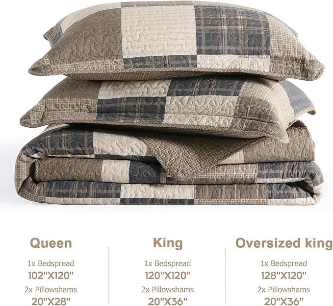 Finlonte 120"x120" Oversized King Bedspread - 100% Cotton Lightweight Quilted Bedspreads Coverlet Set, Farmhouse Plaid Bedding Reversible Oversized King Quilt with 2 Pillow Shams, Brown/Beige/Cream