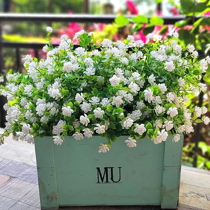 12 Bundles Artificial Flowers for Outdoors, UV Resistant Fake Flowers with Plastic Plants, Faux Flowers for Outside Window Box Front Porch Hanging Planter Decor (White)