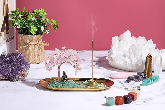 Jovivi Crystal Incense Holder for Sticks, Rose Quartz Healing Crystal Stone Money Tree Buddha Statue Set Incense Burner, Incense Trays for Wealth, Good Luck,Yoga Meditation Home Decor