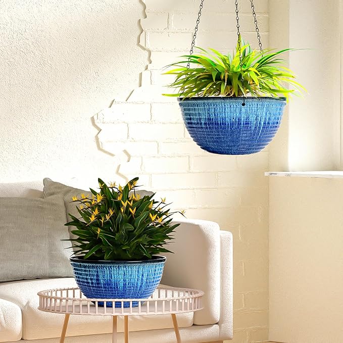 2 Pack Hanging Planters for Indoor Outdoor Plants, 10 Inch Hanging Planter with Drainage Hole & Plug Glazed Hanging Baskets Flower Pots for Garden Home (Blue Flow Glaze)