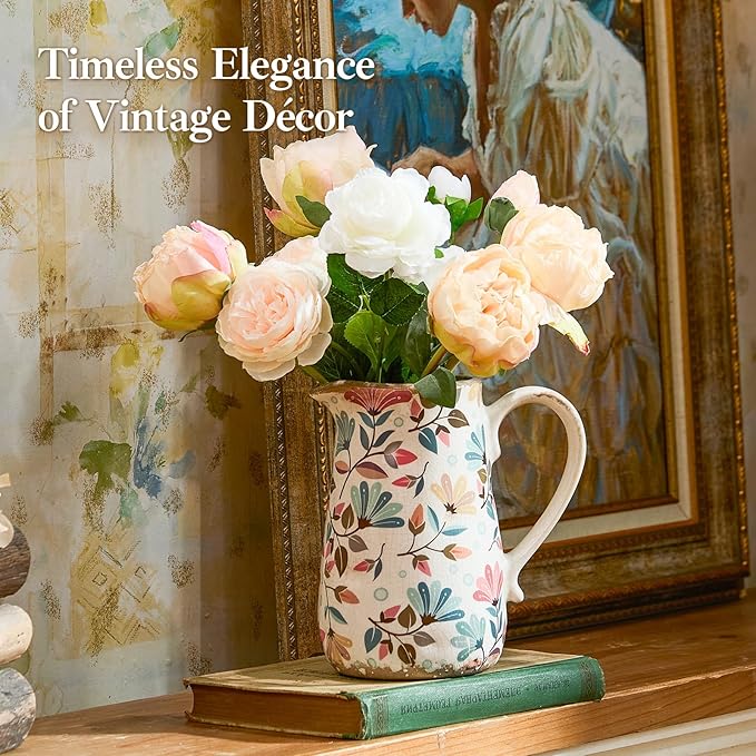 Vintage Colorful Flower Ceramic Vase with Handle, Retro Ice Glazed Crack Farmhouse Pitcher Vase for Home Decor, Living Room, Shelf, Office, Rustic Table Centerpiece 7 Inch