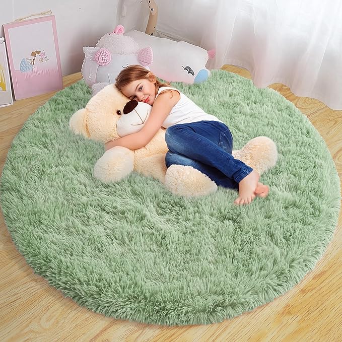 Round Fluffy for Bedroom Rugs, 5Ft Sage Green Shag Circle Rug Non-Slip for Kids Girls Boys Bedroom Dorm Nursery Playroom, Soft Cute Area Rugs for Living Room Decor